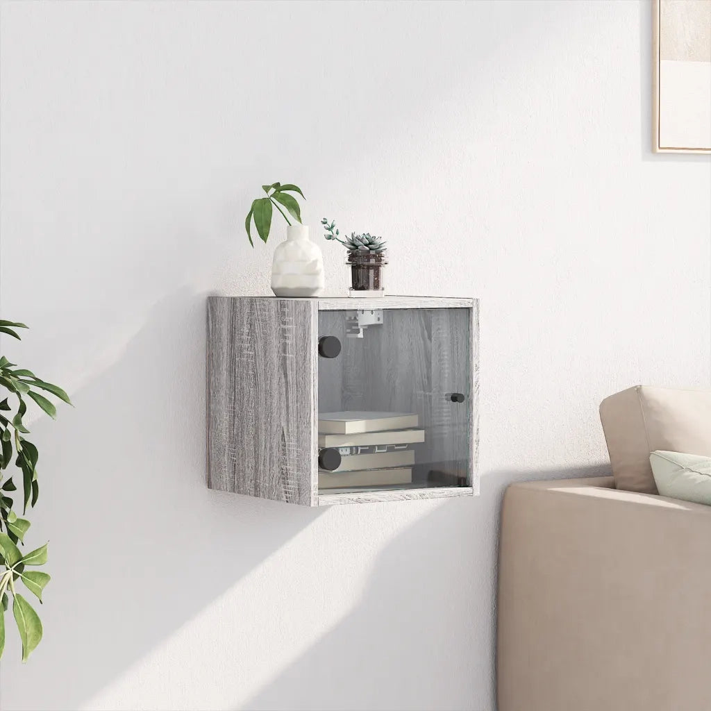 Comodino con Anta in Vetro-Tavolino da notte Grigio Sonoma 35x37x35 cm