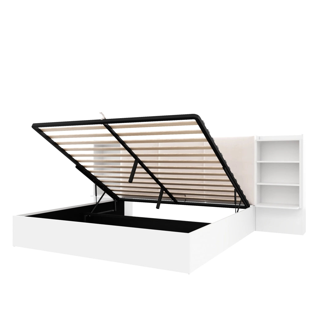 Letto matrimoniale 180 x 200 cm, testiera imbottita, ripiano portaoggetti, vano portaoggetti idraulico, luci a LED, bianco