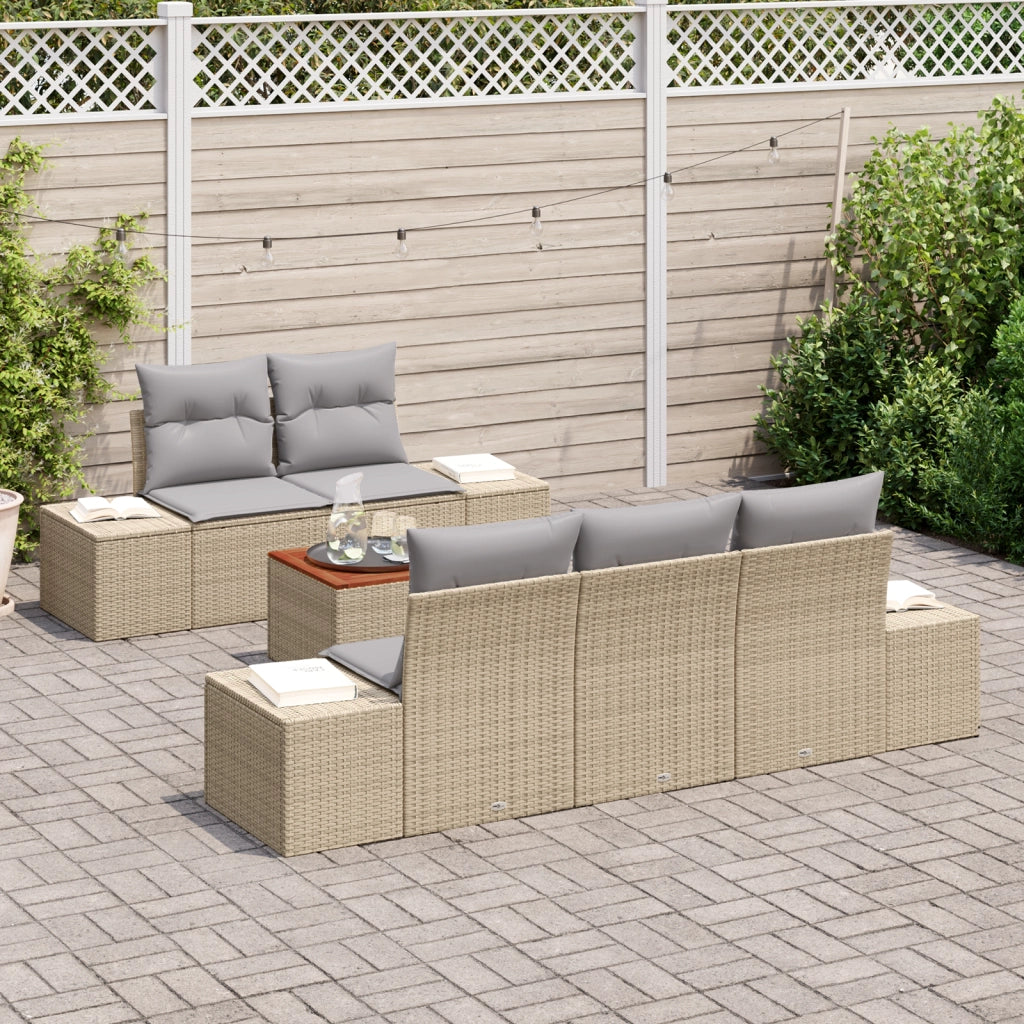Set di Divani da Giardino 6 Pezzi con Cuscini Beige Polyrattan Acacia