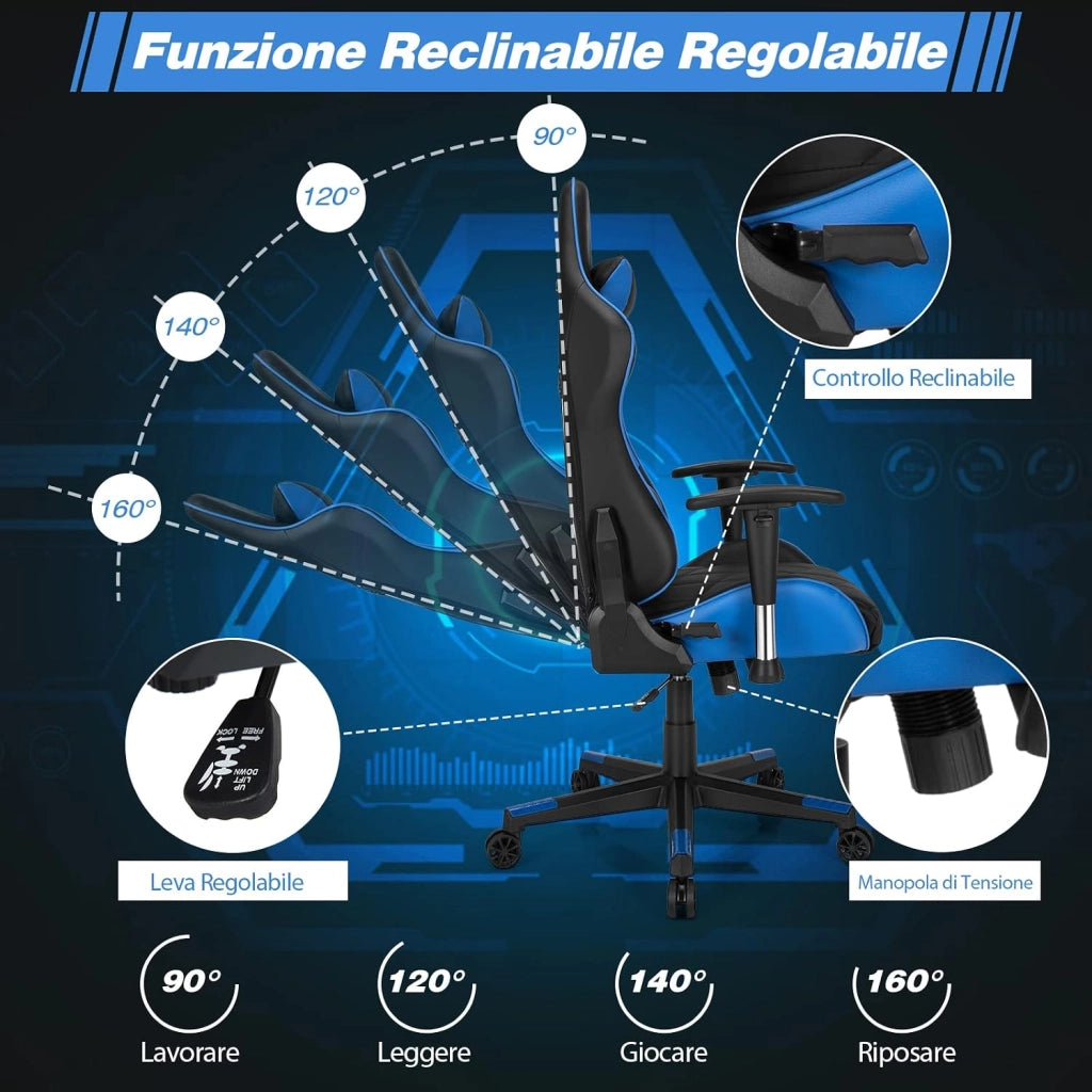 Sedia da Gaming Girevole a 360°, Sedia Ergonomica per Computer per Gaming con Poggiatesta e Cuscino Lombare, Angolo Reclinabile Regolabile (Blu)