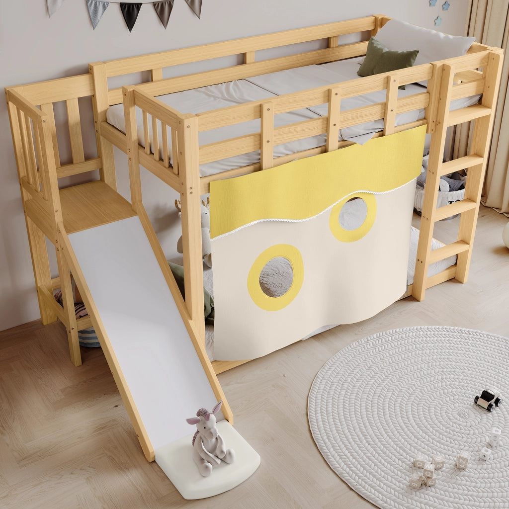 LETTO A CASTELLO con scivolo e scala 90x200 cm MDF e pino naturale con tende