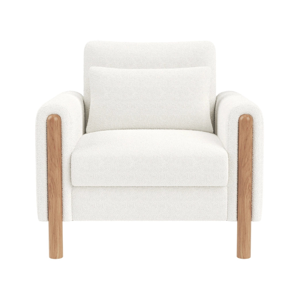 Poltrona lounge in Teddy bianco con cuscino spesso e struttura in legno massello