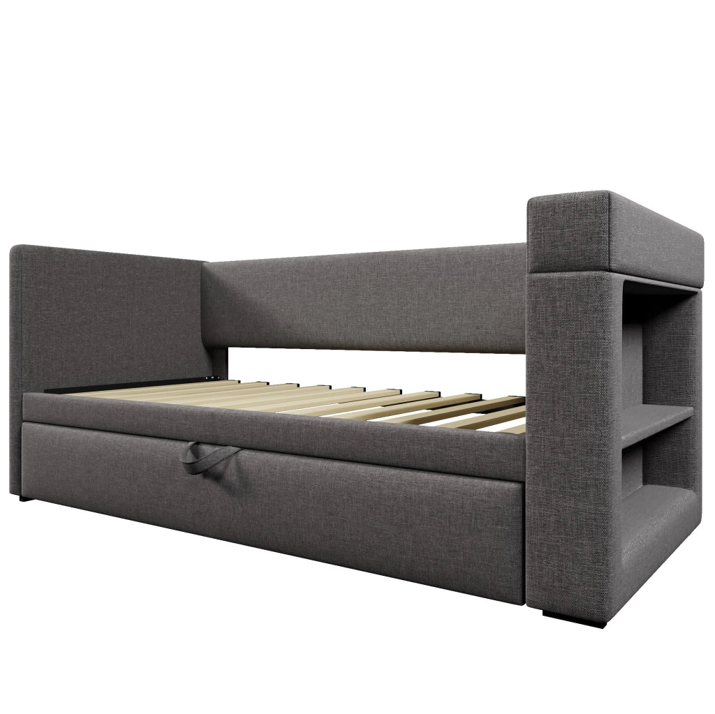 Divano letto ULEVR 90x190 cm con letto estraibile, USB, Type-C e portabicchieri, grigio