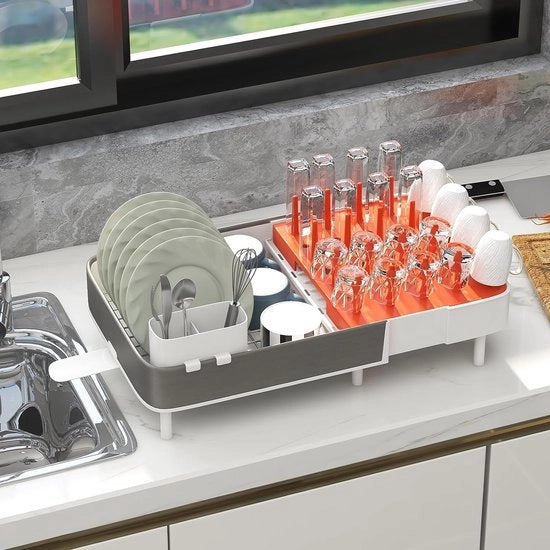Afdruiprek Verstelbaar Uitbreidbaar con Supporto per Utensili e Bicchieri Removibili, 360° Rotativo con Uscita, Afdruiprek per Lavabo Cucina, Arancione