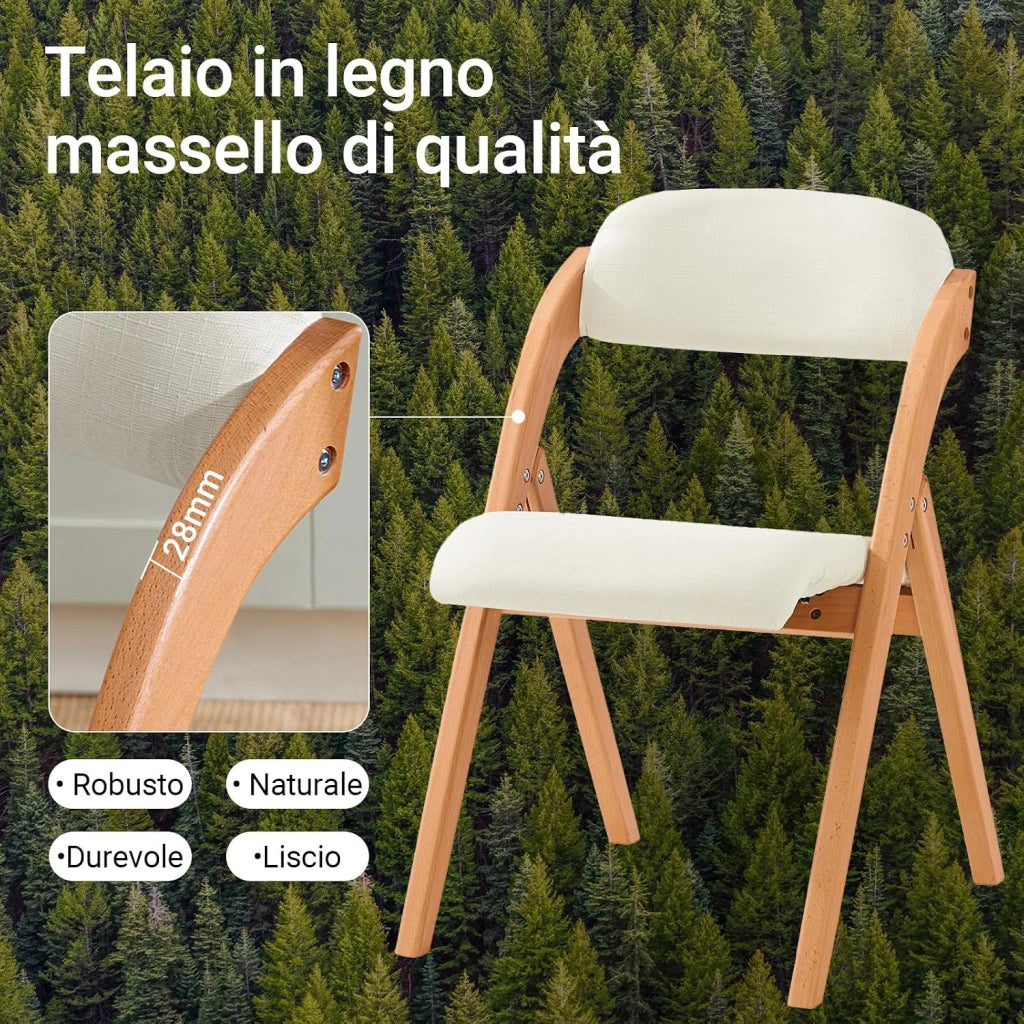 Sedie Pieghevoli in Legno Imbottite, Sedie Pieghevoli Salvaspazio con Rivestimento Sfoderabile e Struttura Robusta, per Cucina Sala da Pranzo Balcone e Giardino Bianco 47,5 x 59 x 77 cm FST92-W