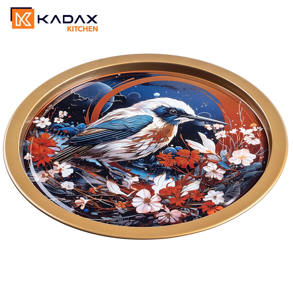 Vassoio decorativo da portata KADAX, rotondo, grande, con uccellino, in metallo, 32,5 cm