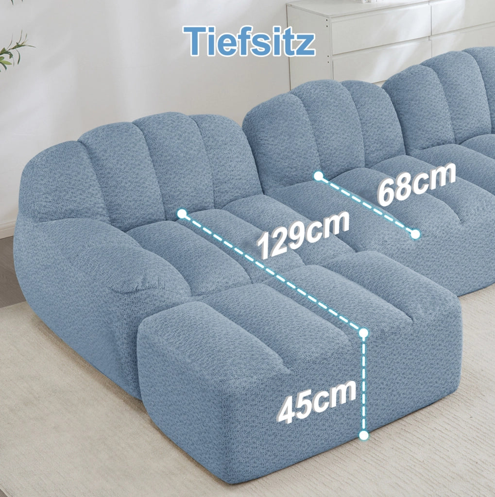 Divano modulare angolare 2 posti con pouf; senza struttura; in fleece granulato blu