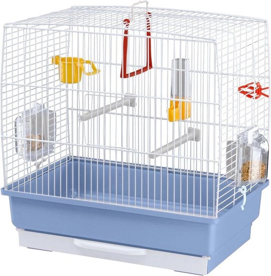 Cassa rettangolare per piccoli uccelli esotici e canarini - Alimentatori rotanti - Metallo robusto verniciato - Fondino in plastica bianca e blu - 39 x 25 x 41 cm
