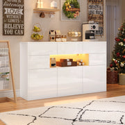 Credenza soggiorno 140 x 30 x 82 cm con 3 cassetti, 5 vani e luce LED, bianco lucido