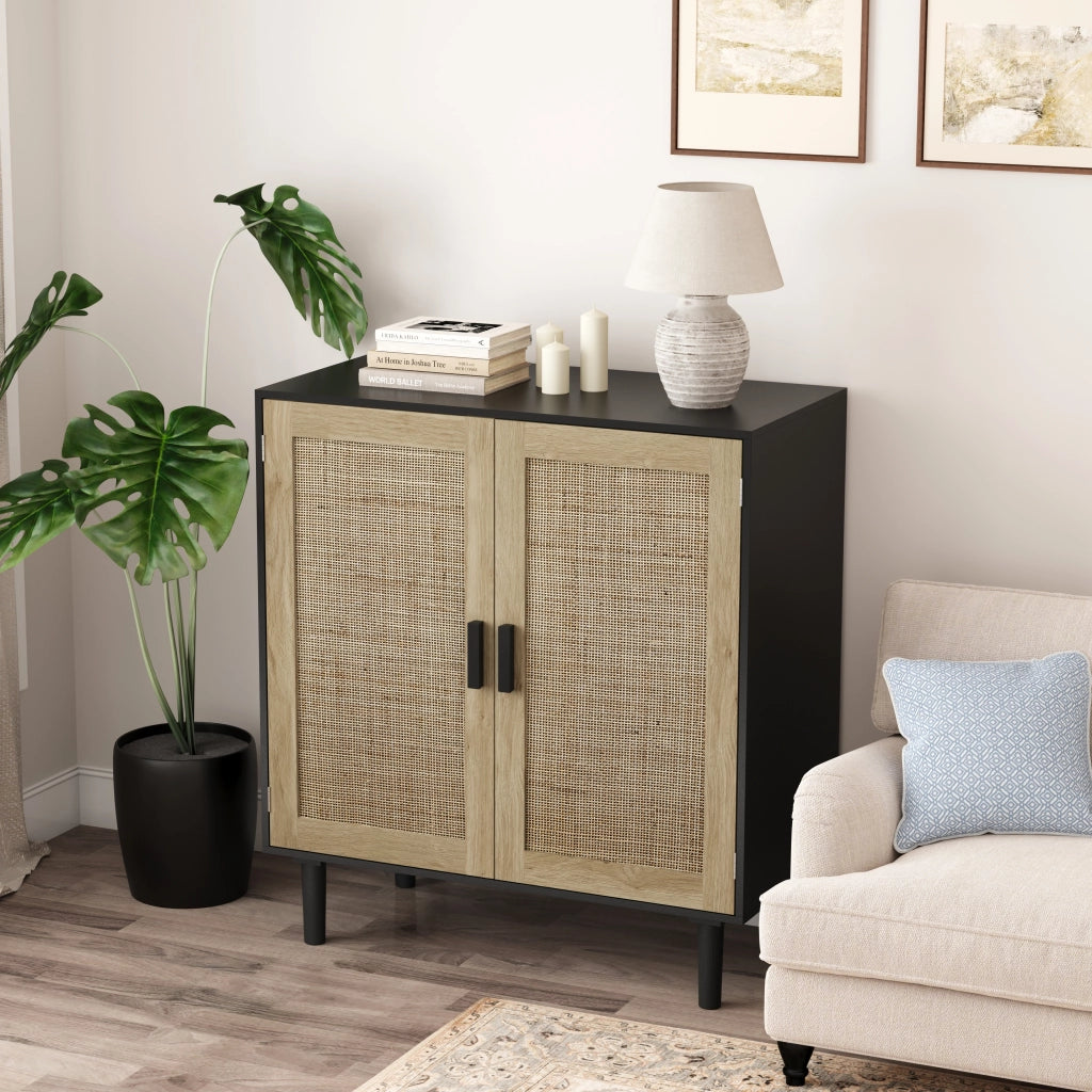 Credenza a 2 ante con chiusura magnetica e 2 vani aperti per soggiorno sala da pranzo e ingresso nero 80 × 40 × 88 cm