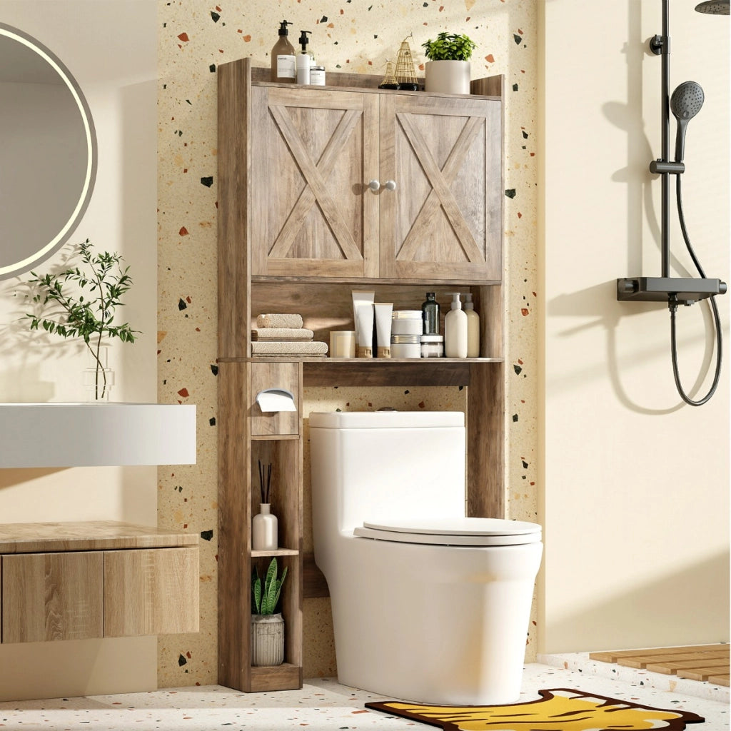 Scaffale organizzatore con doppie ante e ripiano regolabile-Mobile contenitore sopra il WC per bagno e lavanderia Grigio