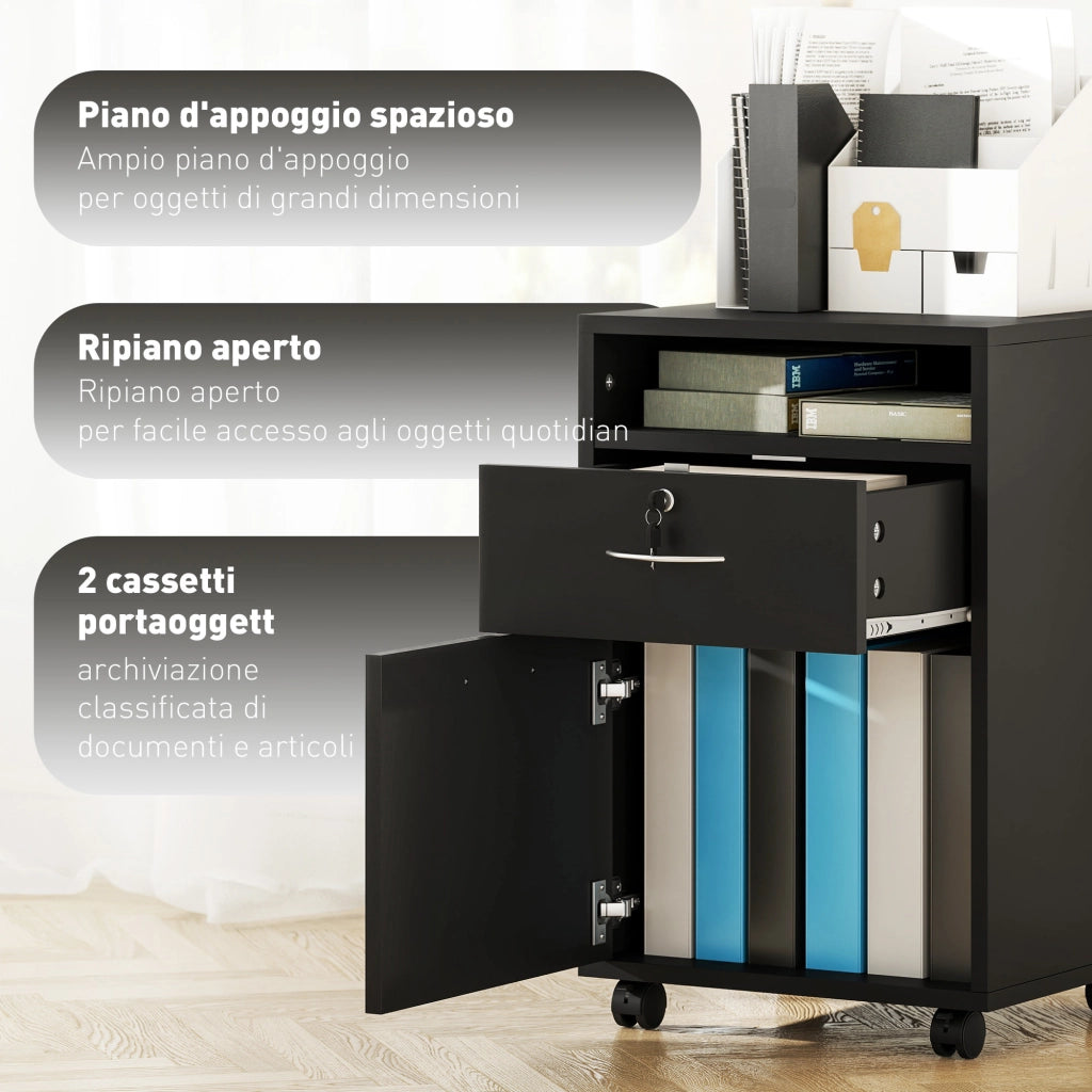 Cassettiera Portadocumenti a 4 Ruote 40x35x60 cm Cassetto con Serratura e Armadietto in Legno Nero