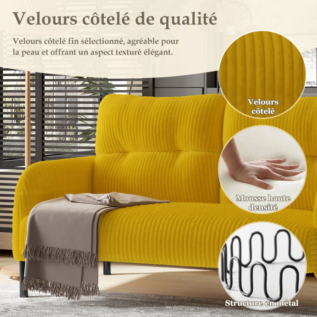 Divano Dritto 2 Posti con Schienale Alto e Tasca Laterale Comfort Ergonomico Piedini in Metallo in Velluto a Coste Giallo