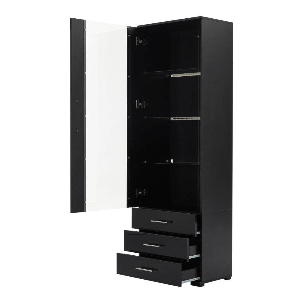 Vetrina con LED, 1 anta e 3 cassetti, frontale lucido, per soggiorno e studio, in MDF, nero, 60 × 35 × 180 cm