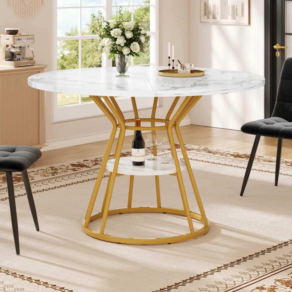 Tavolo da pranzo per 4 persone con 4 sedie in velluto, piano effetto marmo, in MDF e metallo, oro, 100 × 100 × 76 cm