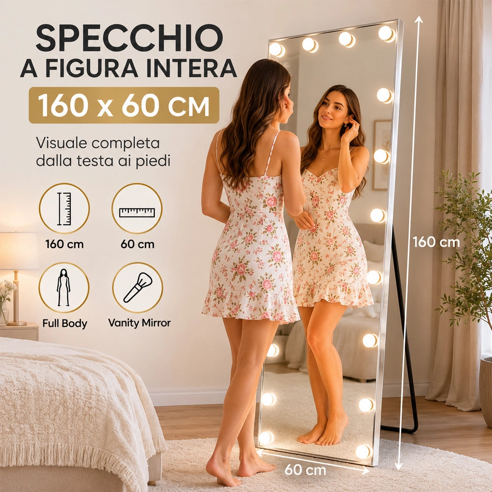 Specchio XXL Hollywood Figura Intera Indipendente con Led 3 Colori 60x160 cm