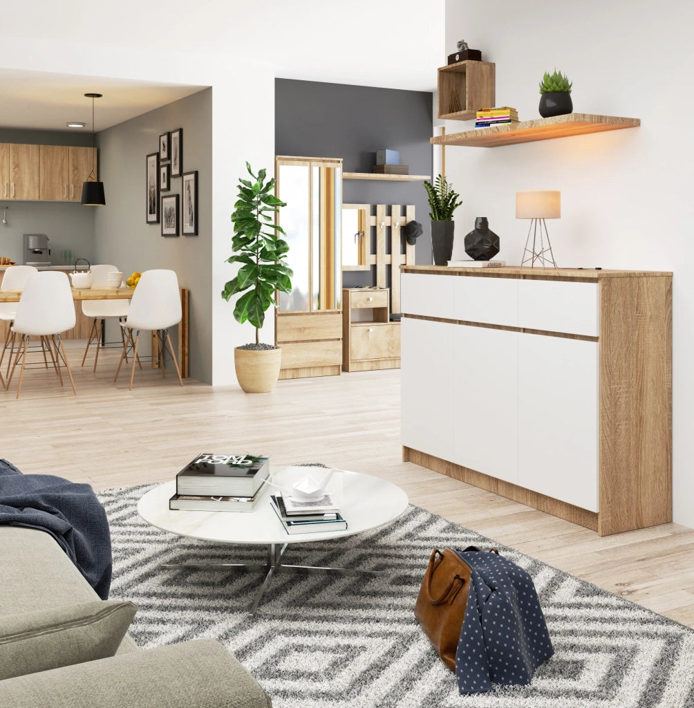 Cassettiera AKORD K140 Sonoma Quercia 138 cm 3 ante 3 cassetti inserto frontale Bianco 138x40x99 cm