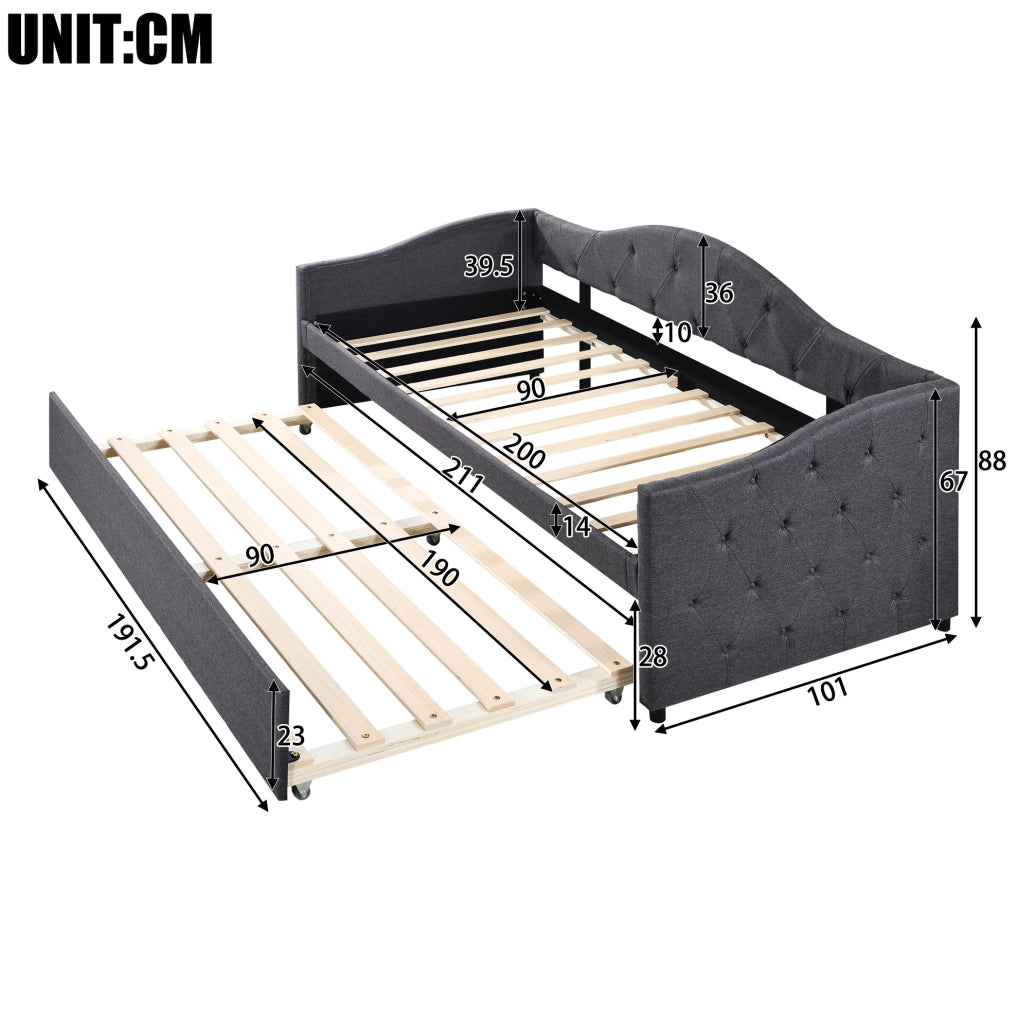 Letto singolo 90x200 cm con letto estraibile in lino grigio HAVRYA