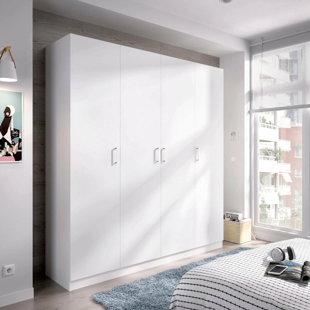 Guardaroba Persefone, Mobile appendiabiti per camera da letto, Armadio a 4 ante battenti, 200x52h215 cm, Bianco