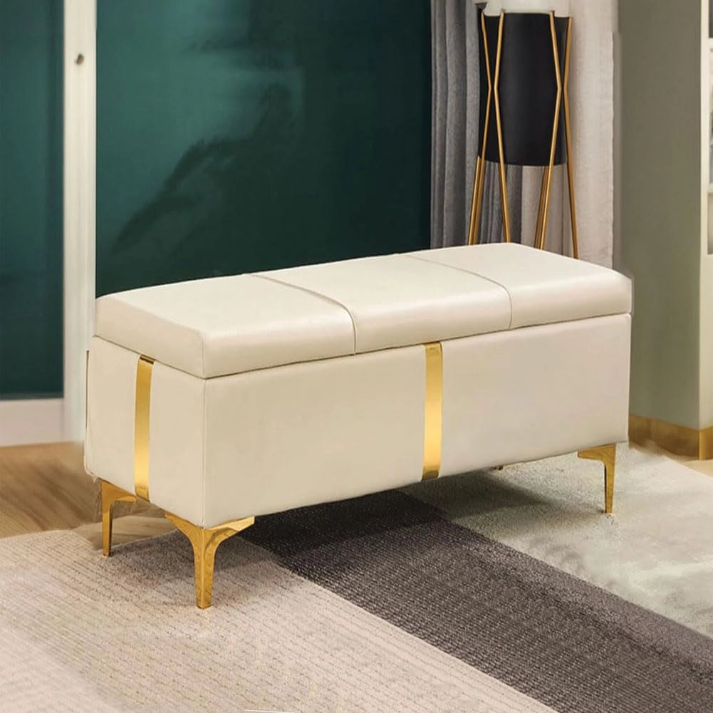 Cassapanca Contenitore Beige in Ecopelle con Piedini in Metallo Oro Panca Pouf