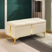 Cassapanca Contenitore Beige in Ecopelle con Piedini in Metallo Oro Panca Pouf