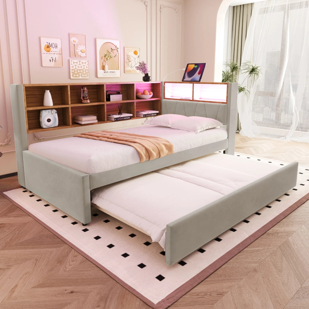 Divano letto singolo estraibile 90x200 cm con LED e USB