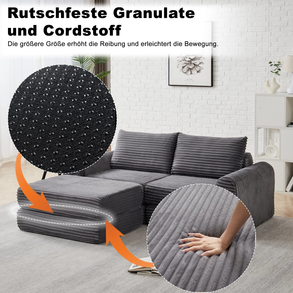 Divano letto modulare in velluto a coste con chaise longue rimovibile e braccioli curvi grigio per soggiorno e relax