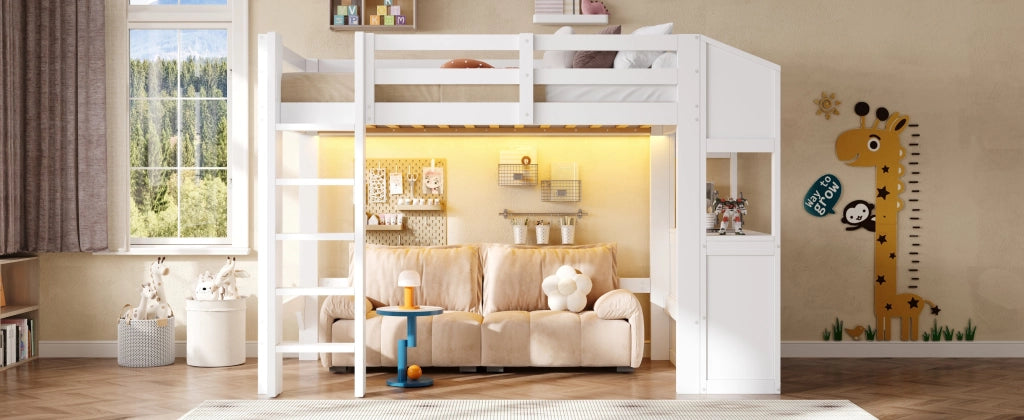 Letto a soppalco 90 × 200 cm con 3 cassetti, ripiani e LED regolabile, senza materasso, bianco