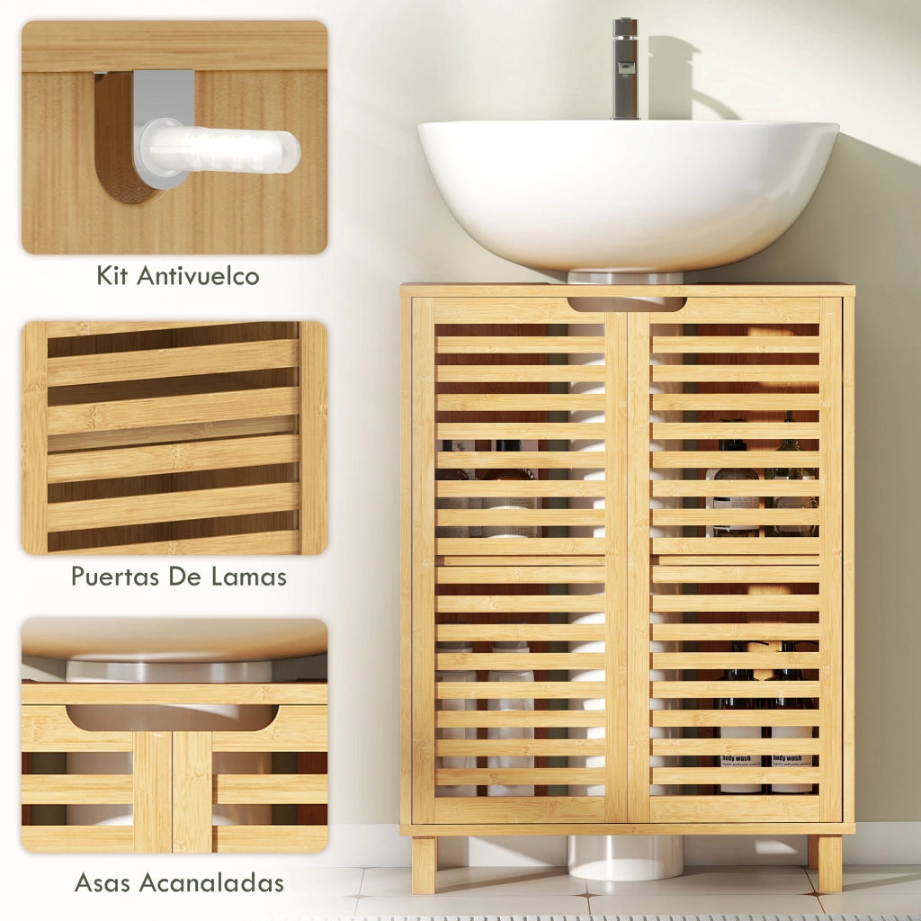 Mobile Bagno Sottolavabo in Bamb¨´ con Ante a Doghe e Ripiano Regolabile ¨C Zephmum ¨C Naturale 60x30x50