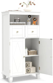 Mobile per Bagno, Armadietto Moderno Salvaspazio con Ante, Ripiani, Cassetti e Piedi in Legno di Pino Massiccio, Mobiletto per Soggiorno, Corridoio e Ingresso, 56 x 30 x 108 cm (Bianco)