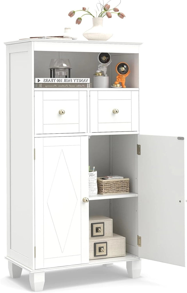 Mobile per Bagno, Armadietto Moderno Salvaspazio con Ante, Ripiani, Cassetti e Piedi in Legno di Pino Massiccio, Mobiletto per Soggiorno, Corridoio e Ingresso, 56 x 30 x 108 cm (Bianco)