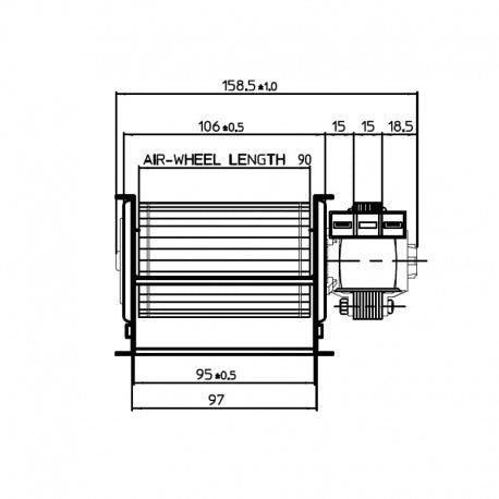 Ventilatore Tangenziale per Stufe a Pellet TGA 60/1-90/15 EMMEVI - FERGAS 112217, Ø Ventola 60mm, Dimensione Bocchetta 95x40mm, Lunghezza Totale 158mm