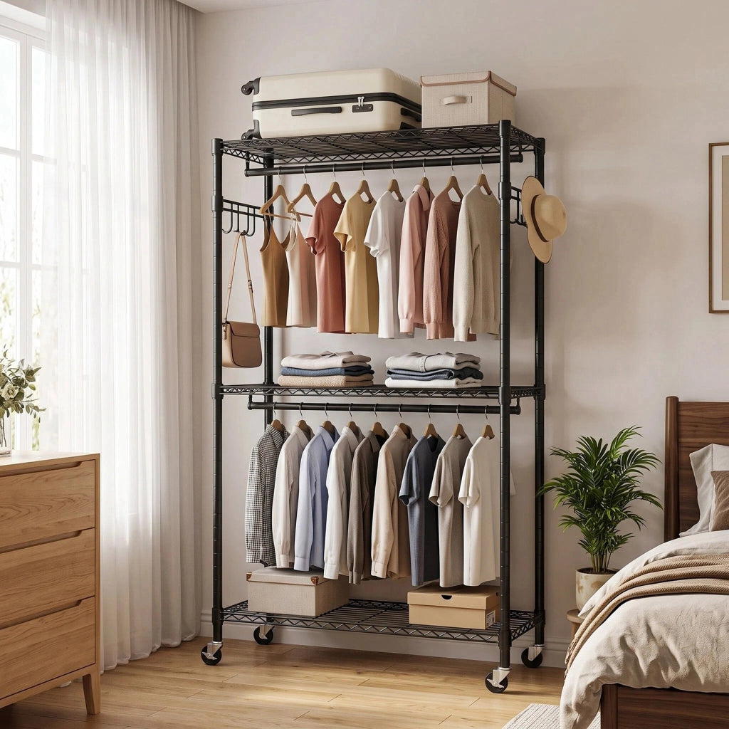 PORTAABITI con ruote, 3 ripiani, 2 aste e 2 ganci, nero, 93x46x11 cm
