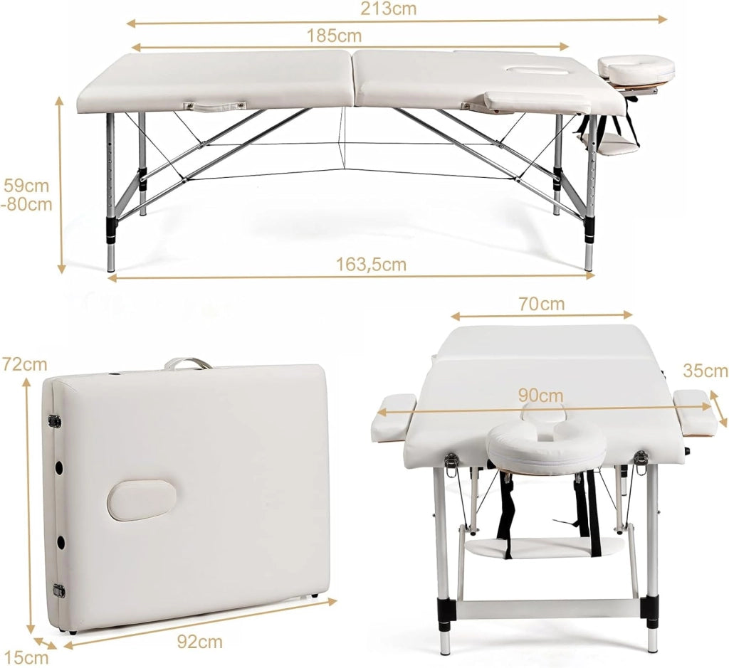 Lettino da Massaggio Pieghevole e Portatile, con Telaio in Alluminio, Regolabile in Altezza, Poggiatesta e Braccioli Removibili e Borsa, Portata 250 kg, 213 x 70 x 59-80 cm