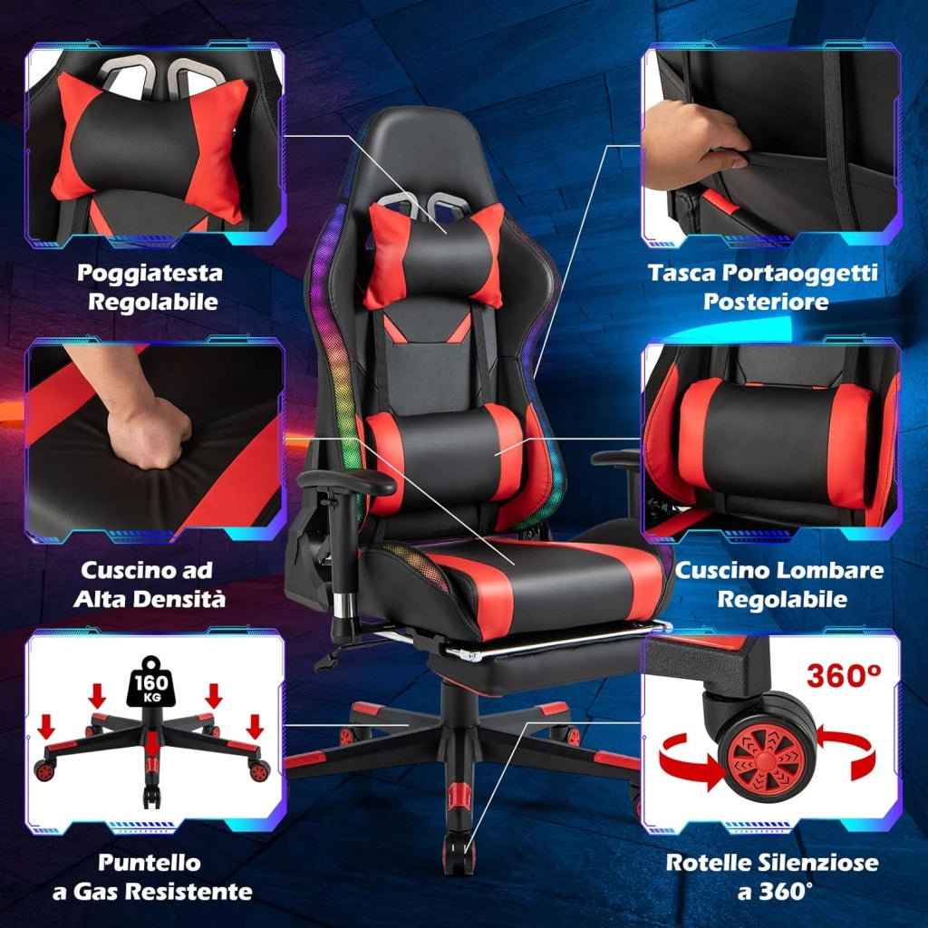Sedia da Ufficio Ergonomica per Computer con Altezza Regolabile, Sedia da Gaming con Luci RGB LED, Schienale e Braccioli Regolabili, Poggiapiedi Estraibile e Supporto Lombare (Rosso)
