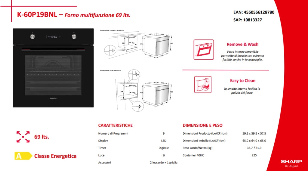 Sharp k-60p19bnl forno da incasso per cucina, nero, 9 programmi, classe a, 69 litri, easy to clean