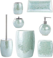 Set di accessori da bagno in vetro colorato a mosaico artigianale - con dispenser di sapone, contenitore per sapone, tazza per i dentifrici e contenitore per il sapone - azzurro turco - 4 pezzi