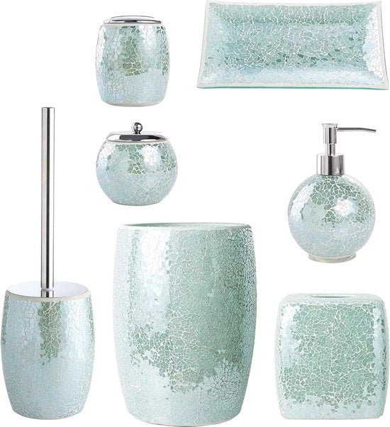 Set di accessori da bagno in vetro colorato a mosaico artigianale - con dispenser di sapone, contenitore per sapone, tazza per i dentifrici e contenitore per il sapone - azzurro turco - 4 pezzi