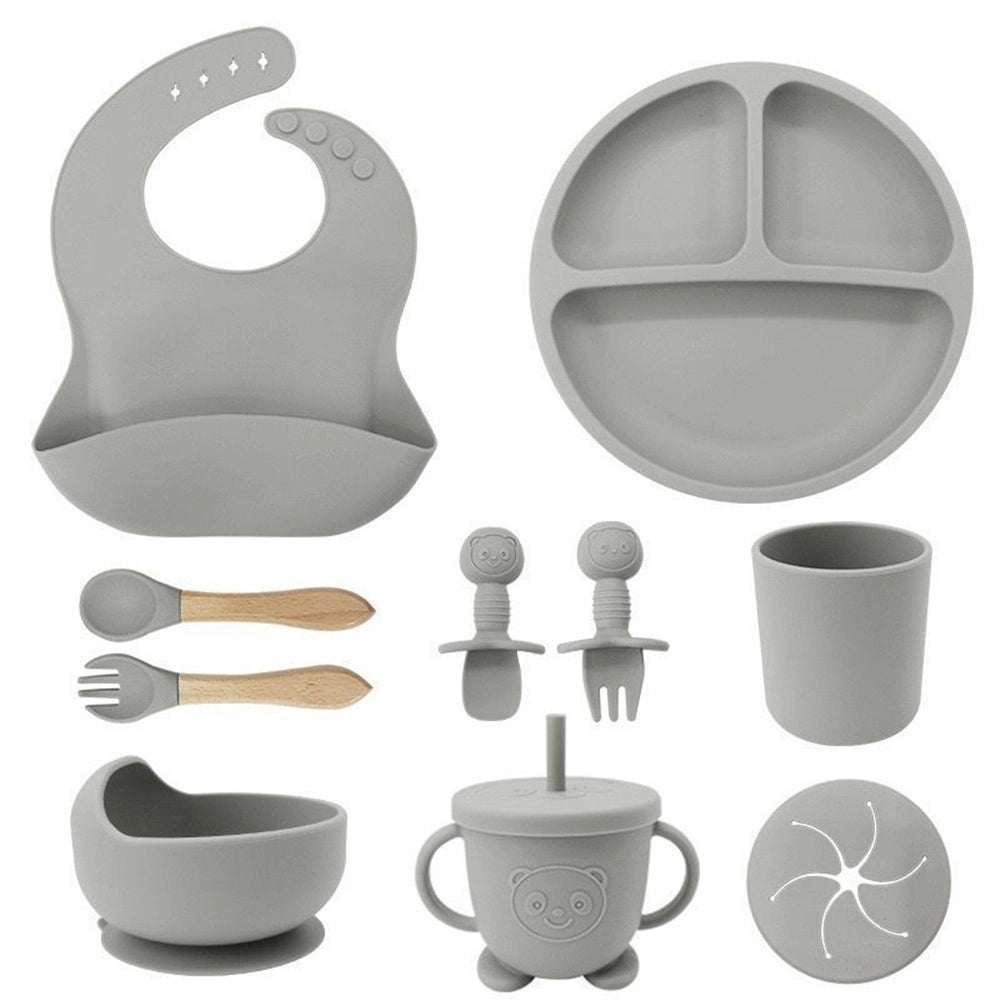 Trade Shop - Set 10pz Pappa Svezzamento Bambini Silicone Piatto Ciotola Cucchiaio Forchetta Bavaglini -