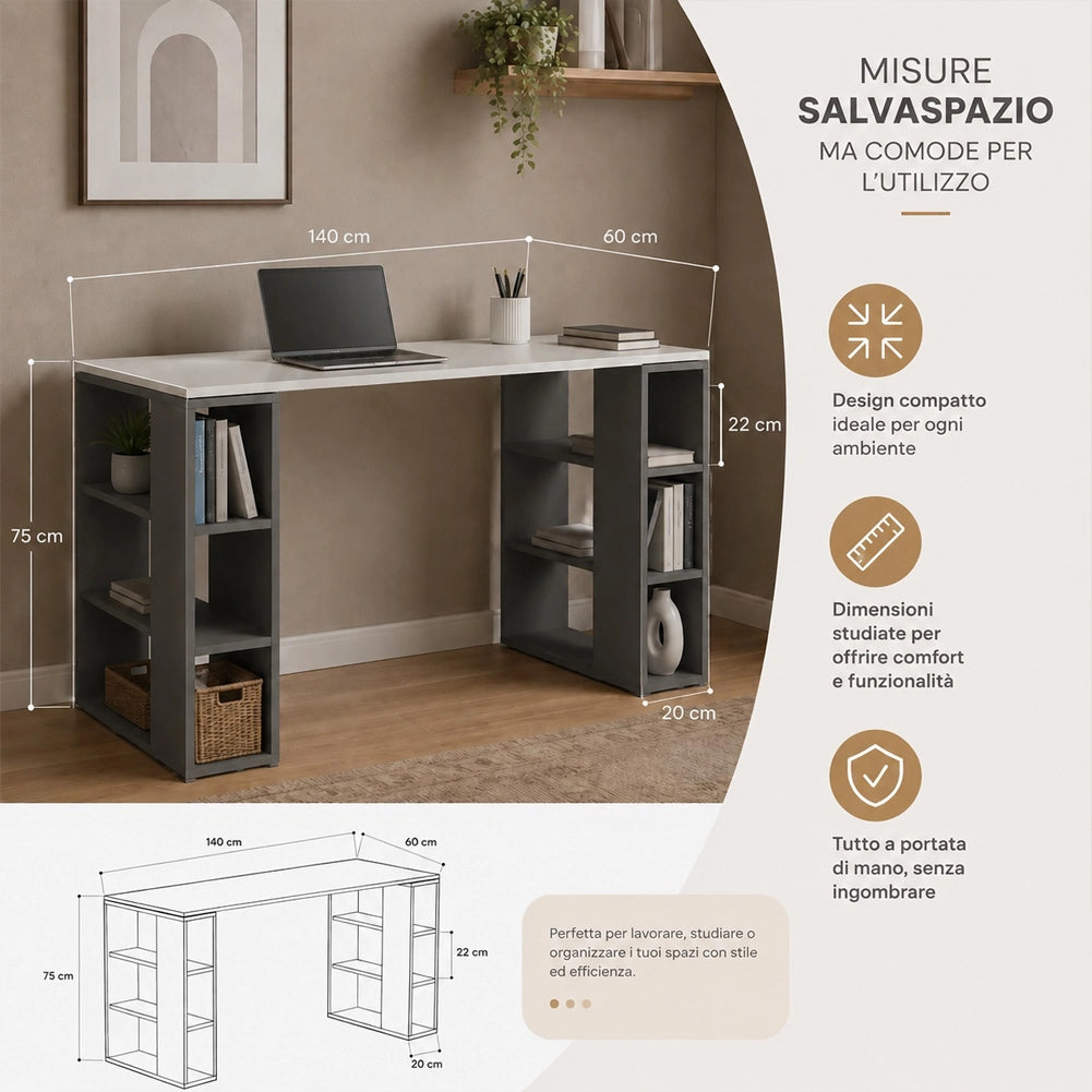 Scrivania Libreria 6 Ripiani Tavolo Porta Computer Casa Ufficio Bianco Antracite