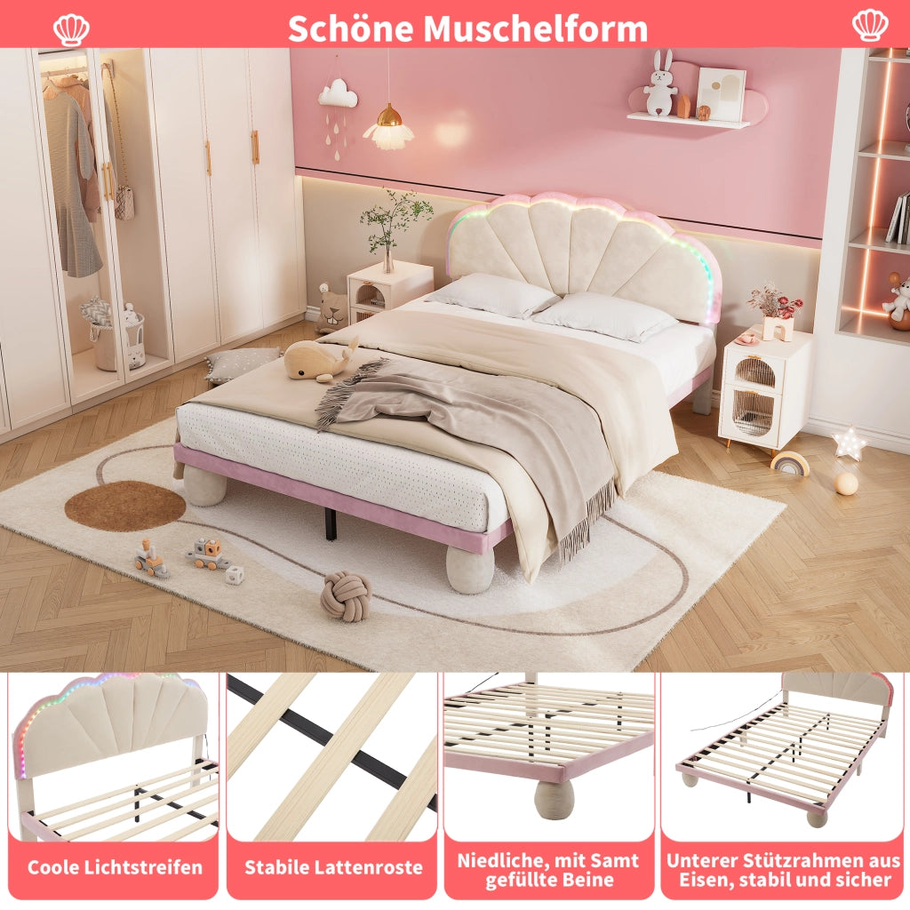 OKWISH Letto Imbottito 140×200 cm, Letto Matrimoniale con Striscia Luminosa Multicolore e Testiera Ondulata, senza Materasso, in Velluto, Beige
