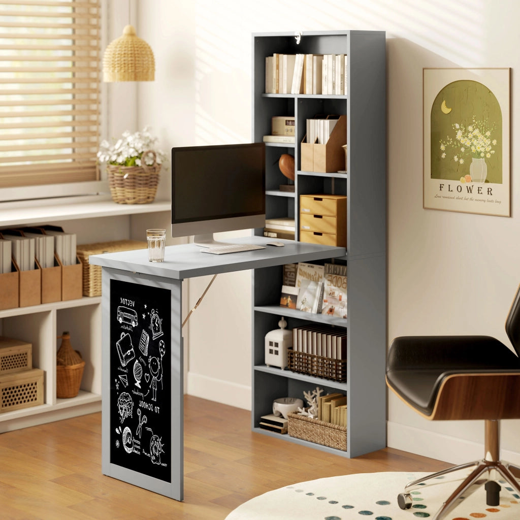 Scrivania PC Pieghevole con Libreria 9 Ripiani ¨C Zephmum ¨C Legno e Metallo Grigio 98x51x153 cm