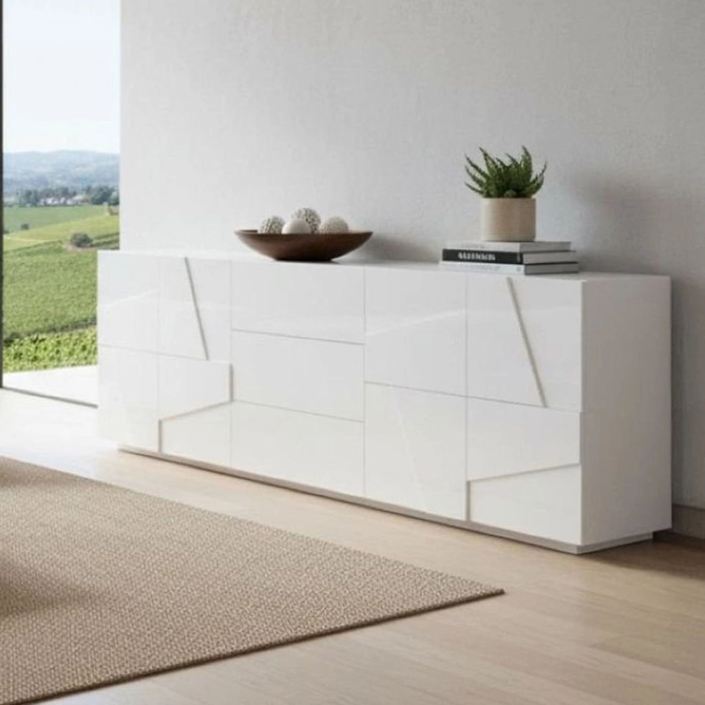 Credenza moderna a 4 ante e 3 Zeus, Made in Italy, Madia da cucina con dettaglio, Buffet di design da soggiorno, cm 224x44h86, Bianco lucido