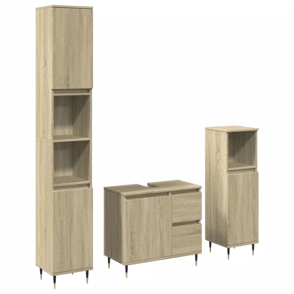 Set Mobili da Bagno | Armadio da bagno 3 pz Rovere Sonoma in Legno Multistrato