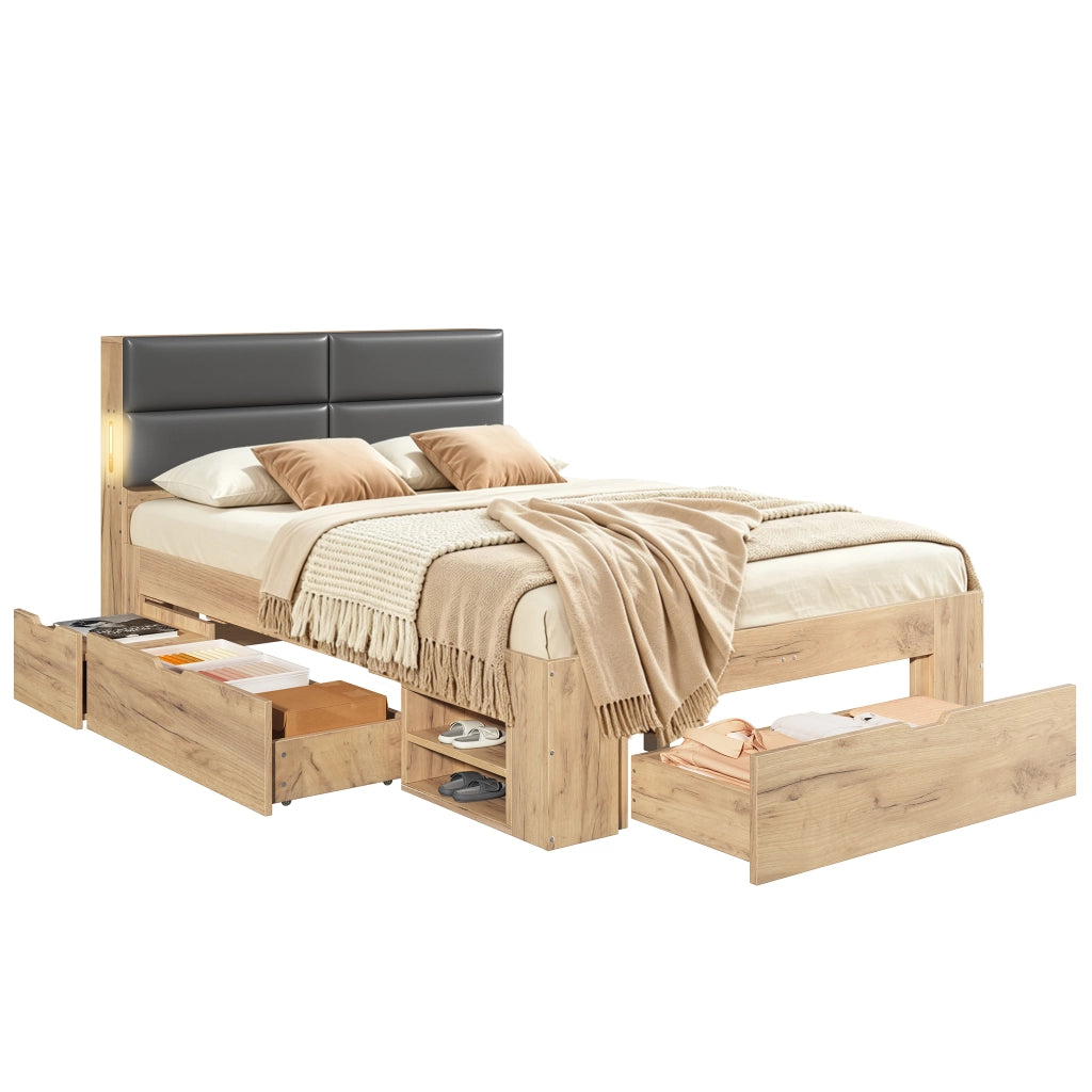 Letto contenitore 140x200 con luce USB USB-C e testiera imbottita in PU MDF naturale
