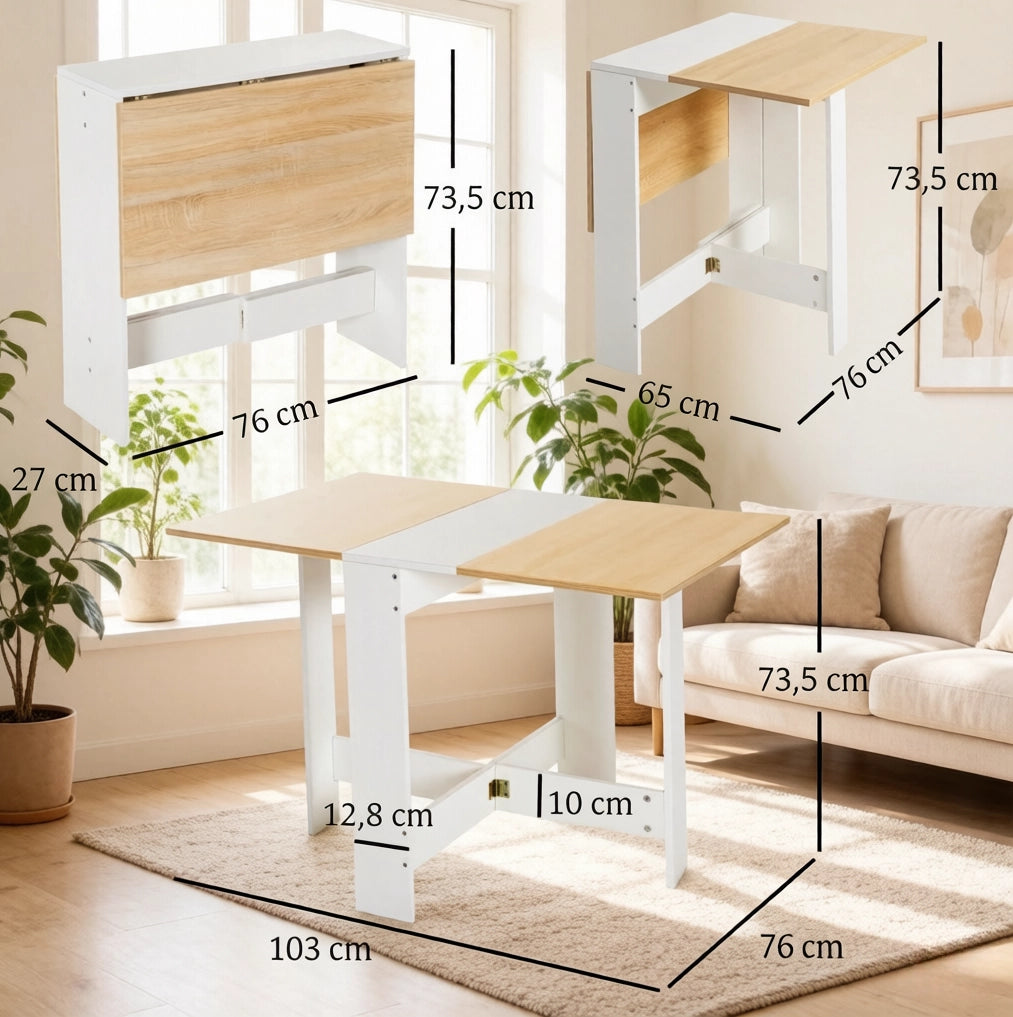 Tavolo pieghevole 103x76 cm rovere e bianco in MDF; con alette
