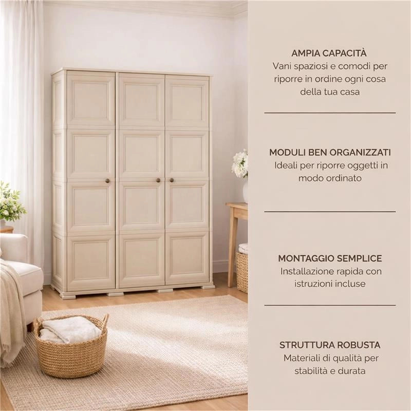 ARMADIO 3 ANTE TAUPE 118X43X164 CM CON PUNTALI E VANO PORTASCOPA – MOBILE ALTO ORGANIZZAZIONE CASA PER INGRESSO E LAVANDERIA