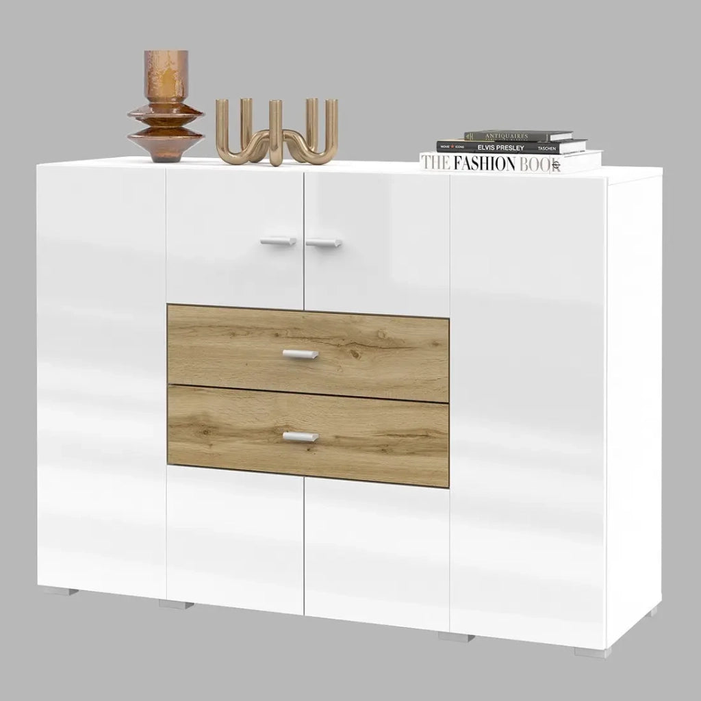 Buffet piccolo modello 120cm collezione KOBEE con 2 porte e 2 cassetti. Colore bianco e rovere.