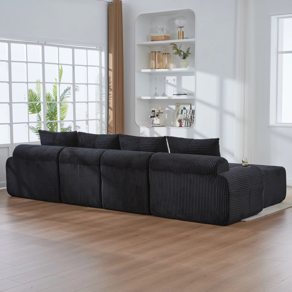 DIVANO Modulare 333x174x80 cm in corduroy nero con portabicchieri e tasca laterale