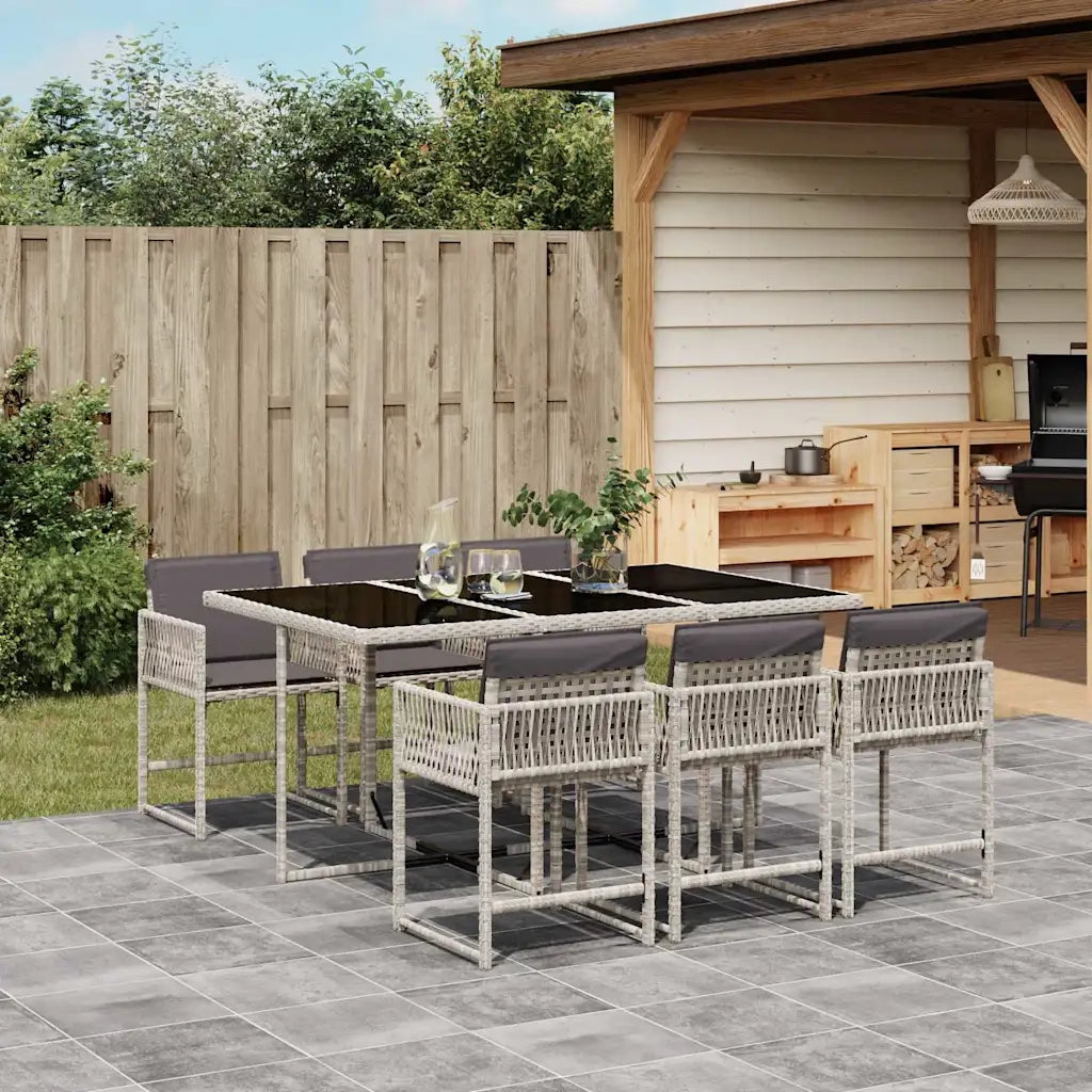 Set da Pranzo da Giardino 7 pz Cuscini Polyrattan Grigio Chiaro